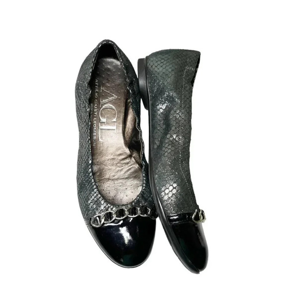 AGL Black Patent & Metallic Snakeskin Slip On Ballet Flats Women's US Size 6.5 - Picture 2 of 9